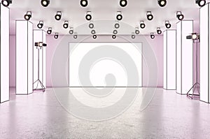 Modern glowing exhibition hall blank billboard stage in concrete interior. Museum and gallery concept. Mock up