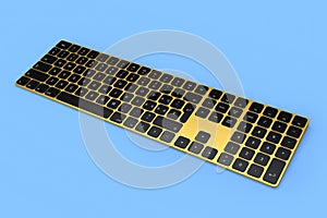 Modern gold aluminum computer keyboard isolated on blue background.