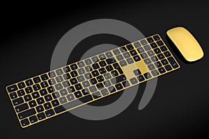 Modern gold aluminum computer keyboard and mouse isolated on black background.