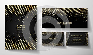 Modern gold design set: cover, premium business card, invitation with circular dots