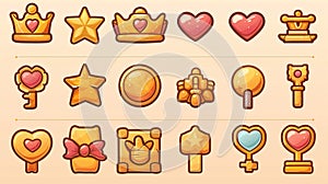 Modern gold element set with star, heart, prize and hourglass illustration kit. Settings and camera props symbol