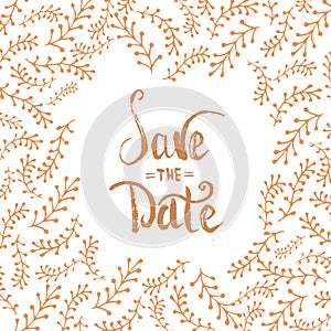 Modern golden clean save the date lettering, wedding invitation card with wreath floral template background.
