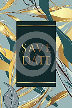 Modern golden green palm texture. Wedding invitation, save the date card in green colors with gold foil. Summer vector template.