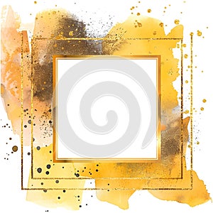 Modern golden watercolor splash blot splatter stain with gold square frame, glitter, brush strokes, place for text. Beautiful