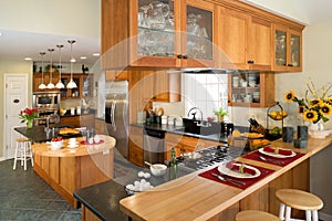 Modern gourmet kitchen with breakfast.