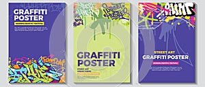 Modern graffiti art poster or flyer design with colorful tags, throw up with hand-drawn vector style