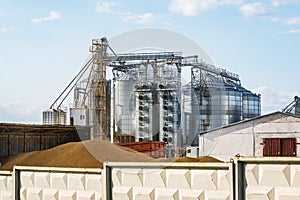 Modern Granary elevator and seed cleaning line. Silver silos on agro-processing and manufacturing plant for storage and processing