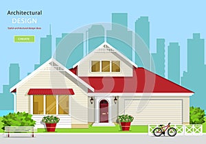 Modern graphic architectural design. Colorful set: house, bench, yard, bicycle, flowers and trees.