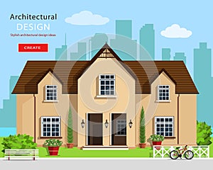 Modern graphic architectural design. Colorful set: house, bench, yard, bicycle, flowers and trees. Flat style vector house.