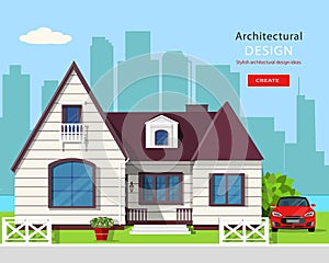 Modern graphic architectural design. Colorful set: house, car, yard, flowers and trees.