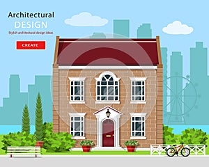 Modern graphic architectural design. Cute brick house. Colorful set: house, bench, yard, bicycle, flowers and trees.