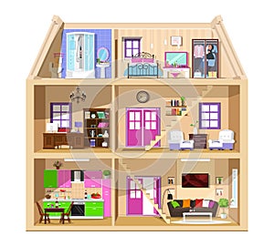 Modern graphic cute house in cut. Detailed colorful vector house interior. Stylish rooms with furniture. House inside.