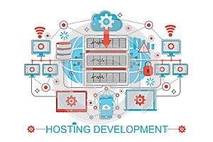 Modern graphic flat line design style infographics concept of Hosting development with icons, for website, presentation