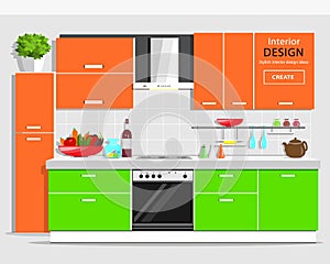 Modern graphic kitchen interior design. Colorful kitchen with furniture. Flat style kitchen and house appliances.