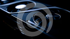 Modern graphics card, close-up on a black background, sleek design