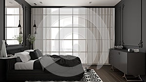 Modern gray bedroom in classic room with wall moldings, parquet floor, double bed with duvet and pillows, minimalist bedside