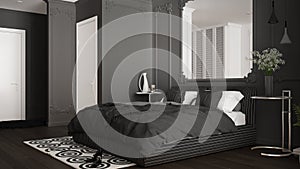 Modern gray bedroom in classic room with wall moldings, parquet floor, double bed with duvet and pillows, minimalist bedside