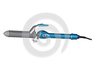 Modern gray and blue curling iron isolated on white background