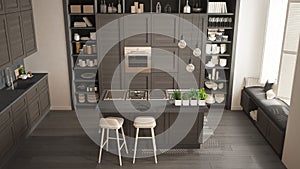 Modern gray kitchen with dark wooden details in contemporary luxury apartment with parquet floor, vintage retro interior design,