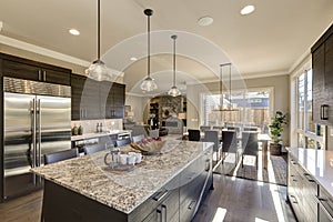 Modern gray kitchen features dark gray cabinetry