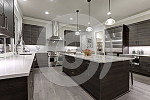 Modern gray kitchen features dark gray flat front cabinets paired with white quartz countertops photo