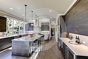 Modern gray kitchen features dark gray flat front cabinets photo