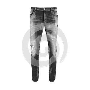 Modern gray men`s jeans with carelessly made holes and damages