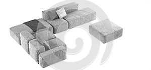 Modern gray modular sofa with pillows and plaid isolated on white background. Furniture, interior object, stylish sofa. High tech