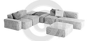 Modern gray modular sofa with pillows and plaid isolated on white background. Furniture, interior object, stylish sofa. High tech