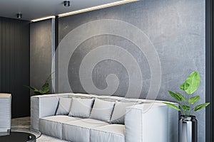 Modern gray sofa in stylish interior with dark textured walls and green plants. 3D Rendering photo