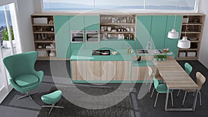 Modern gray and turquoise kitchen with wooden details, big window with sea or lake panorama, top view