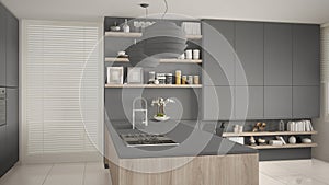 Modern gray and wooden kitchen with shelves and cabinets, island with gas stove and sink. Contemporary living room, minimalist