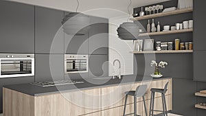 Modern gray and wooden kitchen with shelves and cabinets, island with stools. Contemporary living room, minimalist architecture