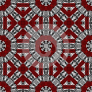 Modern greek seamless pattern. Vector geometric black white red background. Tribal ethnic backdrop. Greek style floral ornaments.