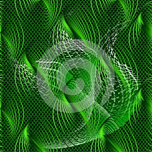 Modern green abstract 3d vector seamless pattern. Lace grid textured background. Intricate psychedelic waves, lines, geometric