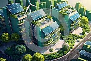 Modern green city in eco concept with solar panels and wind generators