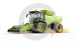 Futuristic green agricultural combine harvester in action on a field photo