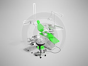 Modern green dental chair and bedside table with tools and appliances for dental treatment 3d render on gray background with shad
