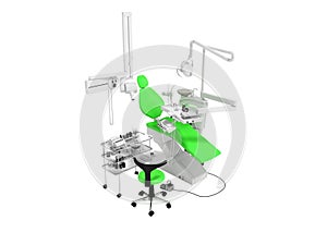 Modern green dental chair and bedside table with tools and appliances for dental treatment 3d render on white background no shadow