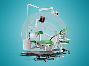 Modern green dental chair with borax with lighting and monitor for work 3d render on blue background with shadow