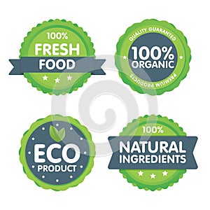 Modern green eco badge set. 100 percent organic fresh food label. Sticker illustration