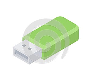 Modern green electronic USB portable memory datum storage isometric vector illustration