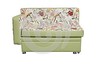 modern green extended leather sofa with colorful print. contemporary couch