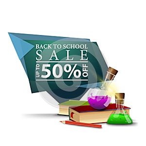 Modern green geometric discount banner to the back to school with books and chemical flasks