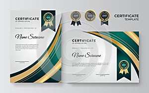 Modern green and gold certificate template. Certificate of achievement templates with wavy elements and luxury gold badges. Vector