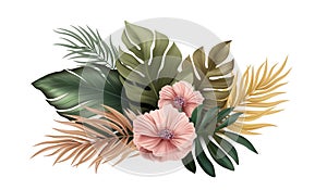 Modern Green and Gold Palm Leaves and Flowers on transparent background. Abstract tropic for banners. Bright tropical