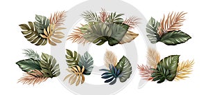 Modern Green and Gold Palm Leaves set on transparent background. Abstract tropic for banners. Bright tropical background