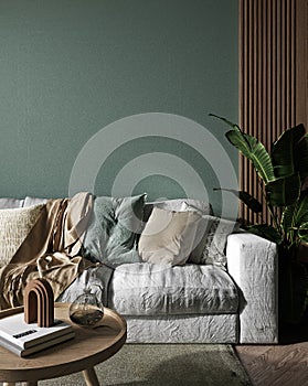Modern green home interior background, wall mock up with white sofa, 3d render