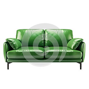 Modern green leather sofa with green soft pillows on white background