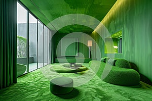 Modern green lounge interior with plush seating and large windows